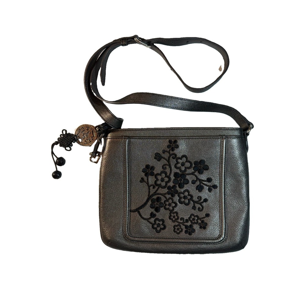 Brighton Metallic Pewter Leather Embroidered Floral Crossbody Charm
